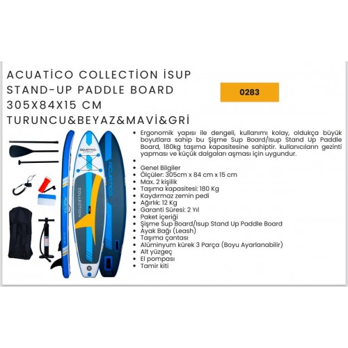 Acuatico Collection Şişme Sup Board/ısup Stand Up Paddle Board 305x76x15 Cm Turuncu&beyaz&mavi&gri
